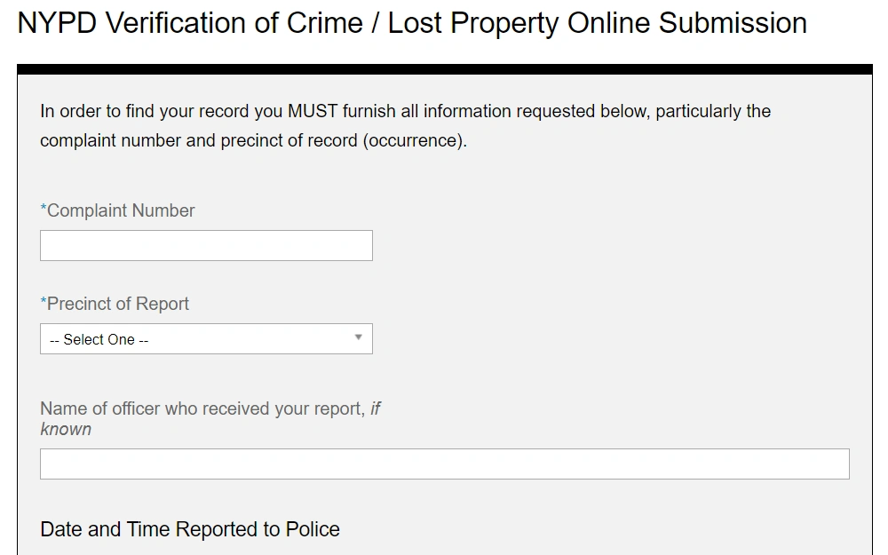 A screenshot of the required fields on the form to request information from the NYPD, particularly the complainant number and precinct of the report (occurrence), also including the name of the officer who received the report (if known).