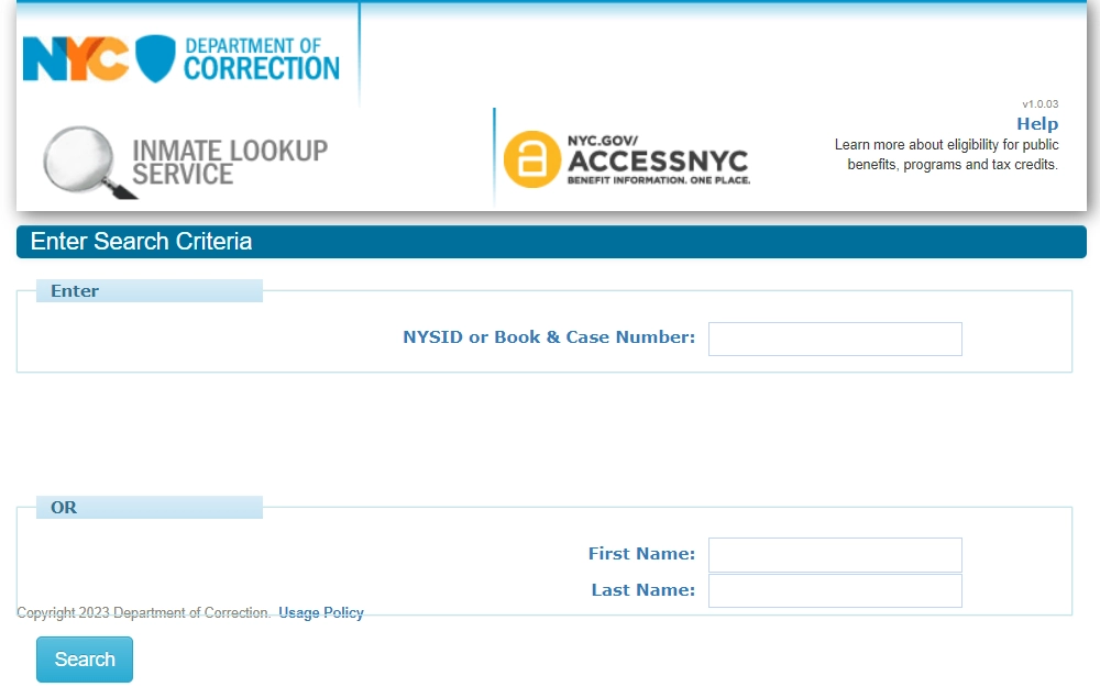A screenshot from the NYC Department of Correction shows the Inmate Lookup Service with two search options: "Search by NYSID or Book & Case Number" and "Search by Inmate's First and Last Names," with a search button at the bottom.