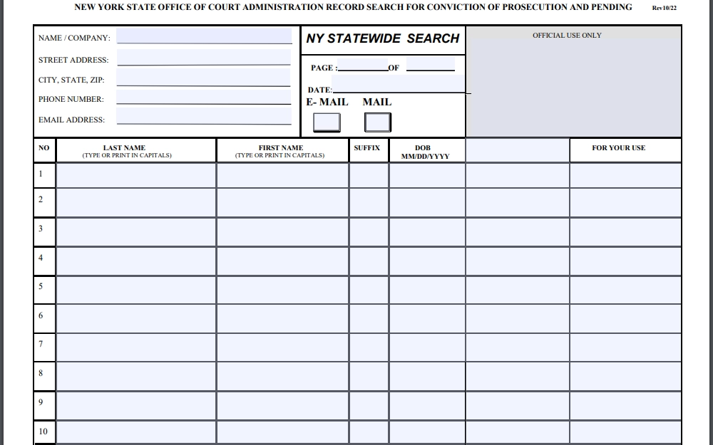 A screenshot of the form for Administration Record searches for conviction of prosecution and pending from the New York State Office of the Court, showing the required fields to file a request via mail.