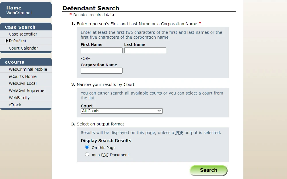 An image showing the Defendant Search page from the New York State Unified Court System with the required data (denoted by *), which includes the defendant's first and last name or corporation name; users can select the court to narrow the results and an option of how the result will be displayed, and there is a green search button the bottom.