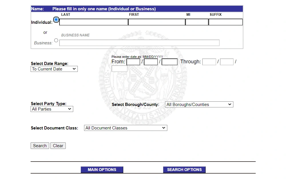 Screenshot from the New York City Department of Finance's Office of the Register property search page; the search option enables users to search for parties using individual or business names, with the main and search options buttons at the bottom.