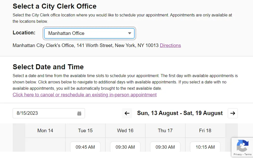 A screenshot of NYC Cupid's appointment tab displays available dates for Manhattan Office information requests.