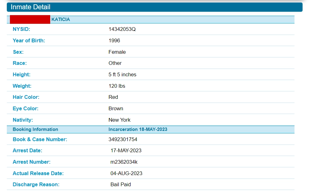 A screenshot of the NYC Department of Correction's Inmate Lookup Service displays inmate information such as full name, NYSID number, year of birth, gender, physical attributes, and booking details.