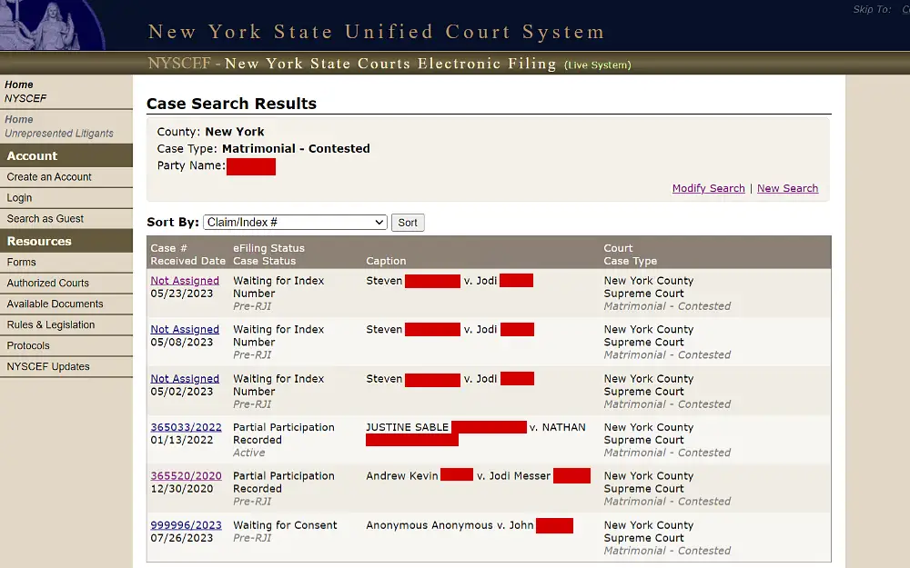 A screenshot of the case search results sorted by claim or index number from the New York State Courts Electronic Filing System website, with information including case number, date received, eFiling status, case status, caption, court, and case type. 