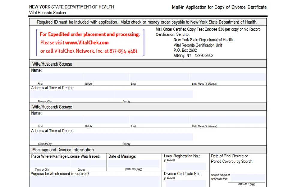 A screenshot displaying a New York State Department of Health mail-in application form for a copy of the divorce certificate with details to be filled in, such as the wife, husband or spouse's complete name, address at the time of decree, and marriage and divorce information.