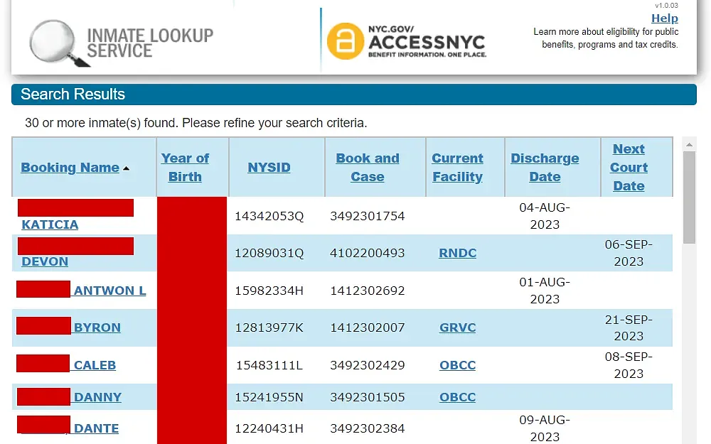 The list of inmates shown on the screenshot is taken from the Inmate Lookup Service's search results with their full name, year of birth, NYSID, book and case number, current facility, discharge and next court date.